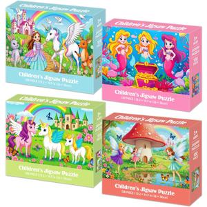 100 Piece Puzzles for Kids Ages 4-6 6-8 8-10, 4-Pack Princess Fairy Mermaid Unicorn Jigsaw Puzzles 100 Pieces Kids Puzzles Ages 3-5 4-6 5-8, Learning Toys Educational Gifts for Girls Boys 15x10 in