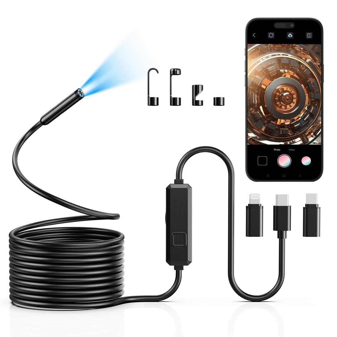 Endoscope Camera with Light, 1920P HD Borescope with 8 LED Lights, 16.5 FT Semi-Rigid Snake Inspection Camera, IP67 Waterproof Drain Pipe Borescope Men's Tool for iOS and Android