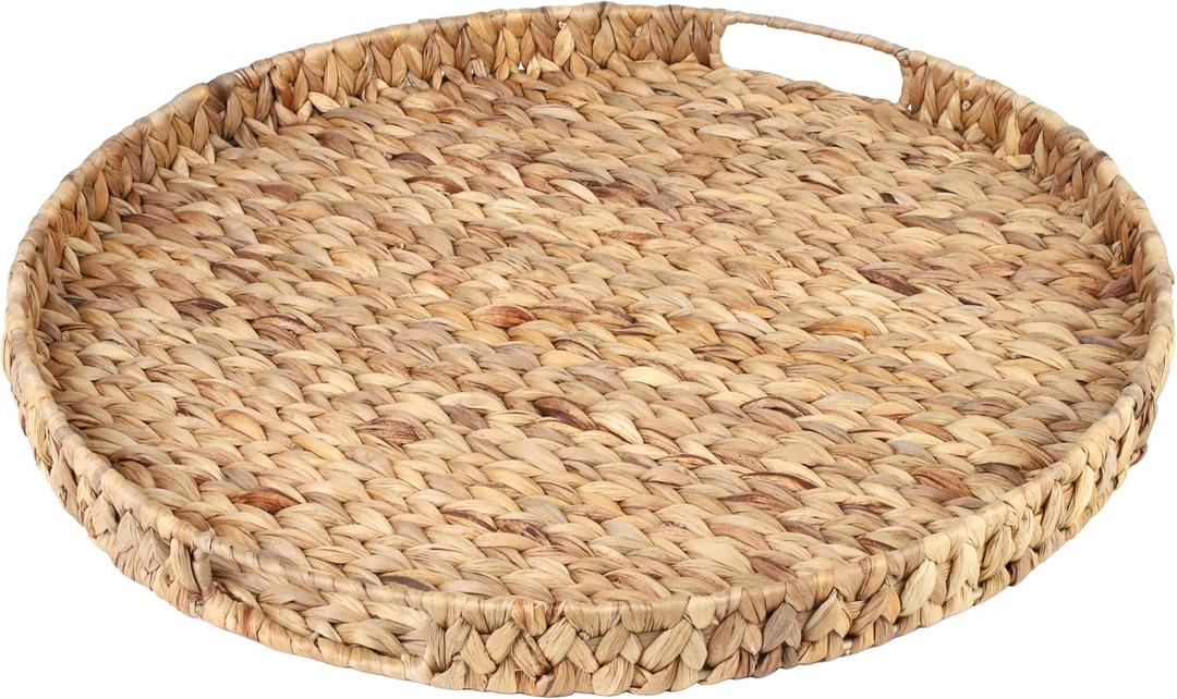 Gurfuy Extra Large Round Ottoman Table Tray with Handles - Handmade 24" Water Hyacinth Wicker Serving Tray for Farmhouse Decorative Oversized Coffee Table Trays Living Room Kitchen Counter Breakfast
