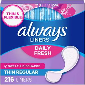 Always Daily Fresh Thin Liners, Regular Absorbency, Unscented Panty Liners, 216 Count