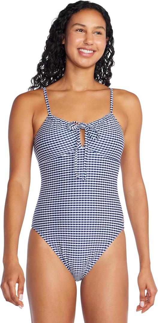 Speedo Women's Swimsuit One Piece V-Neck Strappy Back Contemporary Cut Swimsuit (Pack of 1), Cerulean Blue Texture, 8