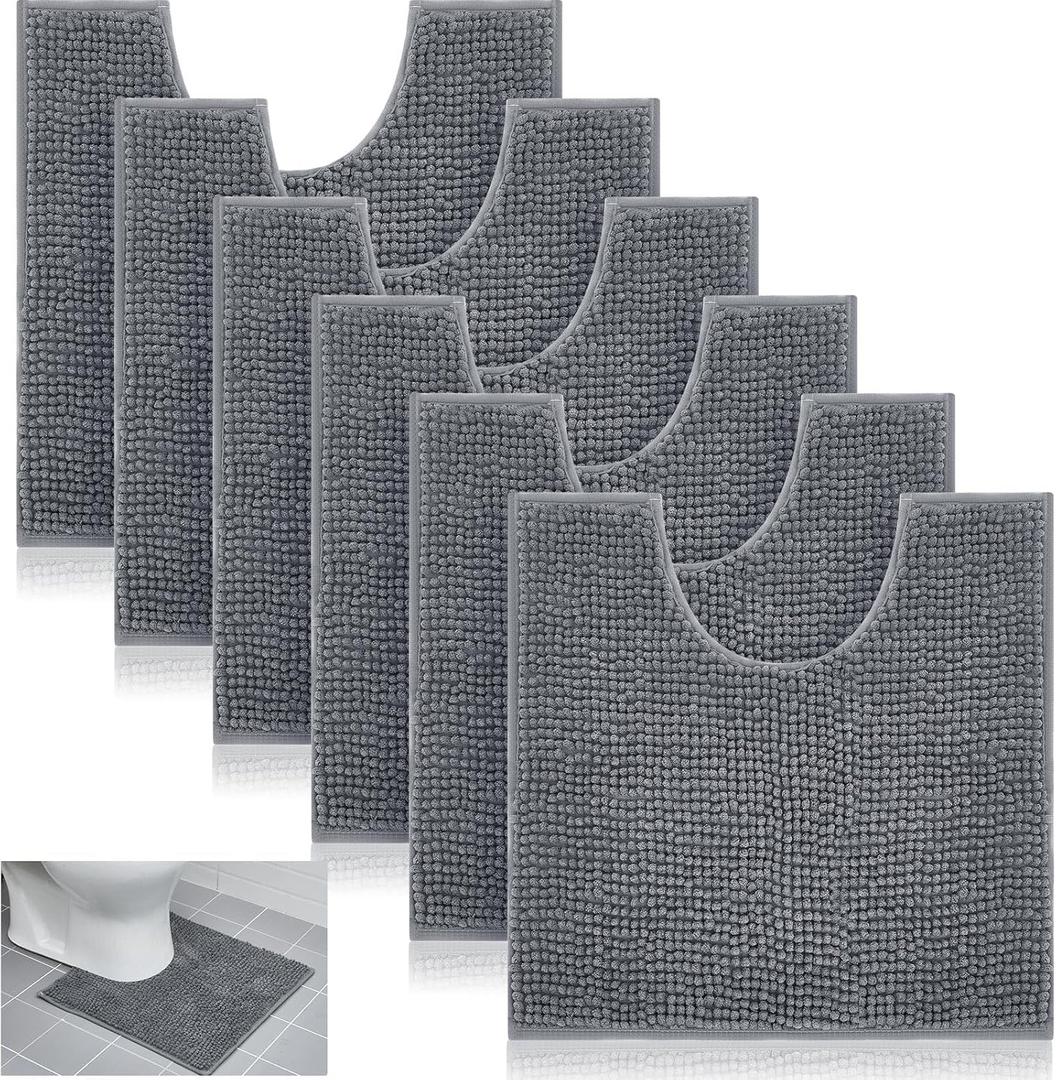 Timgle 6 Pcs U Shaped Toilet Bath Rug 20'' x 20'' Chenille Fluffy Bathroom Rugs 0. 8'' Commode Potty Training Mats Disposable Non Slip Soft Absorbent Machine Washable Mats for Shaggy Bath Floor Gray