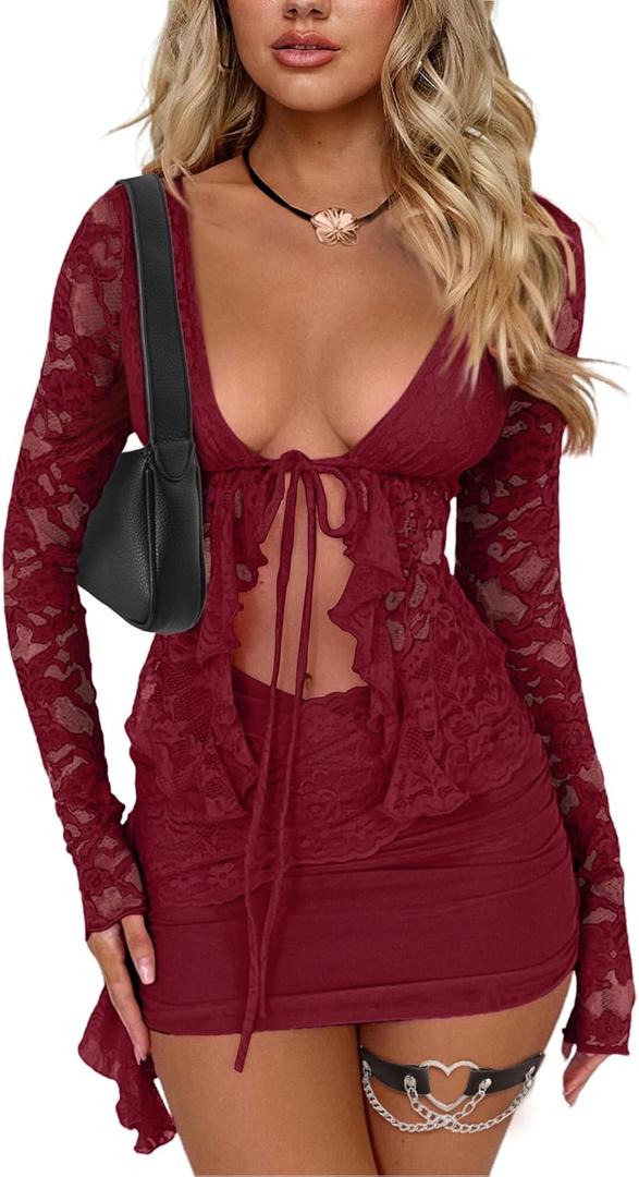 CSDAJIO 2 Piece Outfits for Women Floral Lace Open Front Tie Up Long Sleeve Crop Top Blouse Shirt and Mini Skirt Set (Medium, Red)