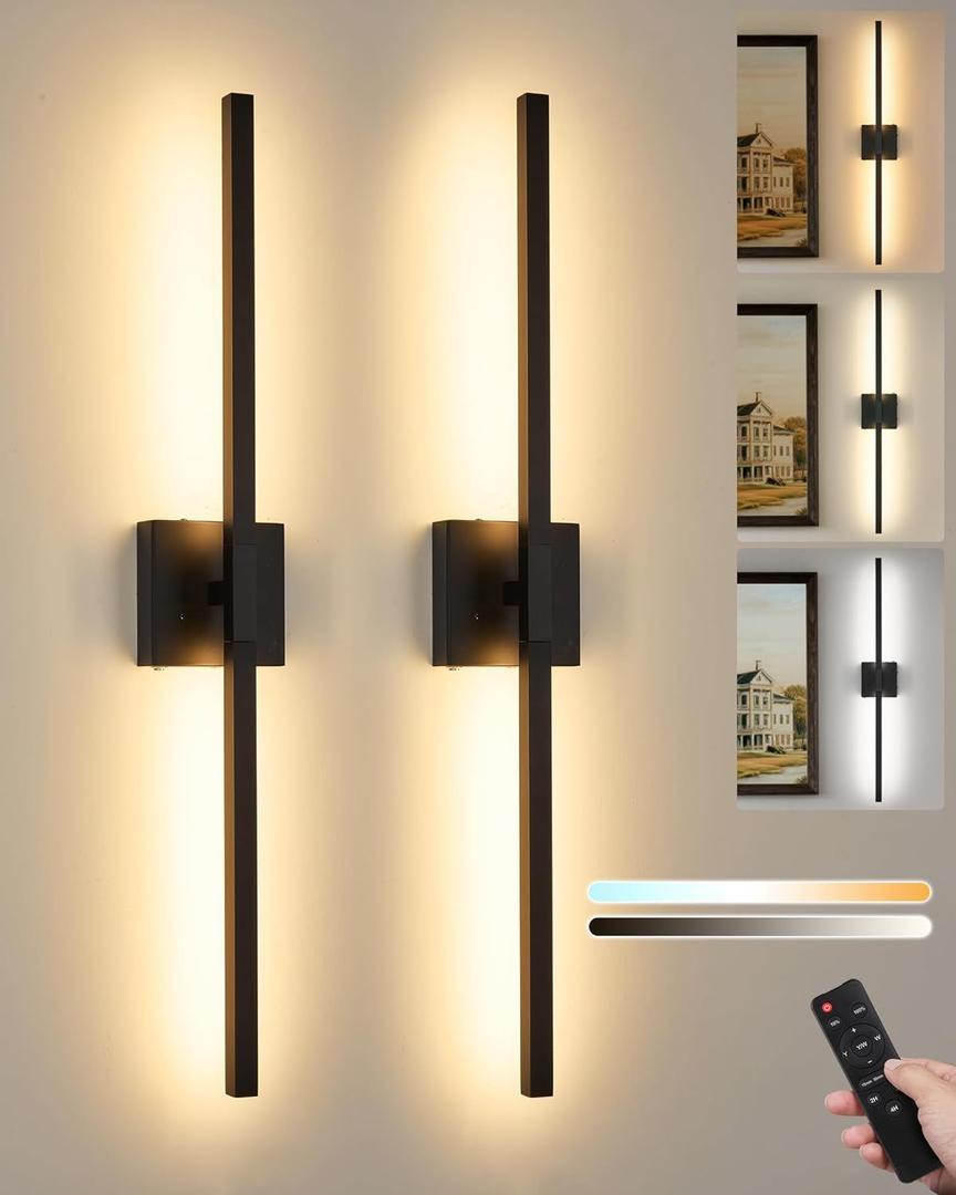 Battery Operated Wall Sconce Set of 2, 3000K-6000K Dimmable Rechargeable Wireless Wall Sconces with Remote Control, Modern LED Wall Light with Timer Function for Living Room, 24 Inch Black