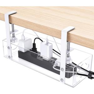 Acrylic Under Desk Cable Management Tray, OMOTON Neat and Smooth Cable Organizers with Clamp for Wire Management,2 Hole Under Desk Storage, Clear
