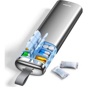 Vaydeer Metal AM/PM Pill Organizer with Built-in Desiccant Compartment, 7 Day Weekly Pill Box, Airtight Moisture-Resistant Seal, Travel Pill Case for Medication & Supplements (Gray) (A2-grey)