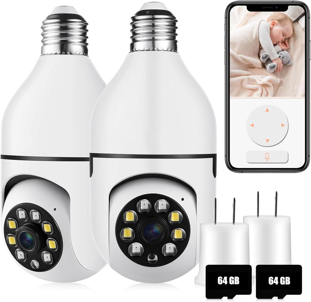 Security Camera Indoor Wireless WiFi Outdoor Home E27 360 Degree Panoramic Home Security Cameras IP Camera Motion Detection and Alarm Two-Way Audio 2pack-64GB