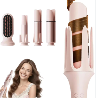 CNV Auto-Rotating Curling Iron with 3 Barrels & Straightener Comb, Anti-Scald, 3 Temp Settings, Travel-Friendly Pink