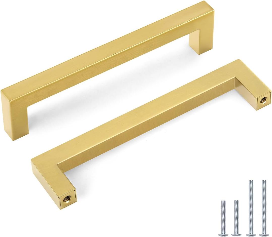 Goldenwarm 45 Pack 6-1/4 inch Gold Cabinet Pulls Brushed Brass Drawer Handles Modern Square Stainless Steel Hardware Pull for Kitchen Cupboard Dresser