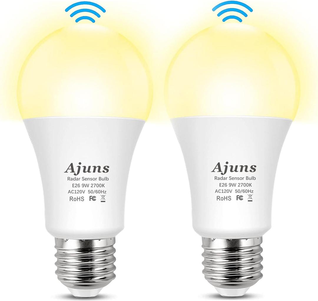 Radar Sensor Light Bulb, 9W LED, 80W Equivalent, Warm White, 2700K, A19, E26 Base, 2-Pack, Dusk to Dawn Motion Activated, 360 Detection, 800Lm, 30,000 Hrs Life