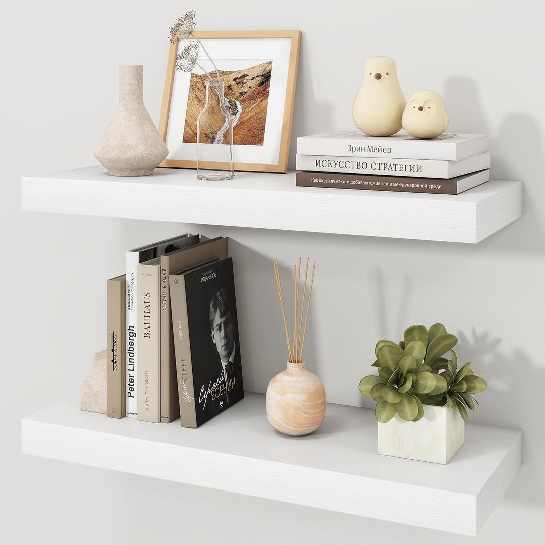 24" White Floating Shelves Wood Wall Shelf, White Color, Set of 2