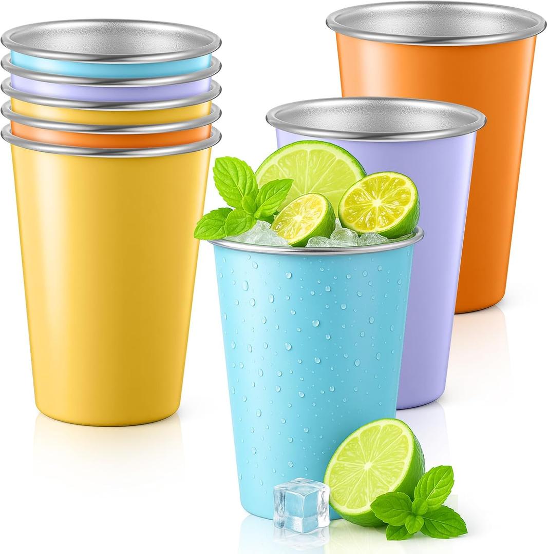 Lallisa 8 Pack Stainless Steel Cups 16 oz Pint Tumbler Colorful Stackable Pint Cups Metal Drinking Glasses for Kids Birthday Adults Coffee Beer Bar Home Travel Outdoor Camping, Unbreakable