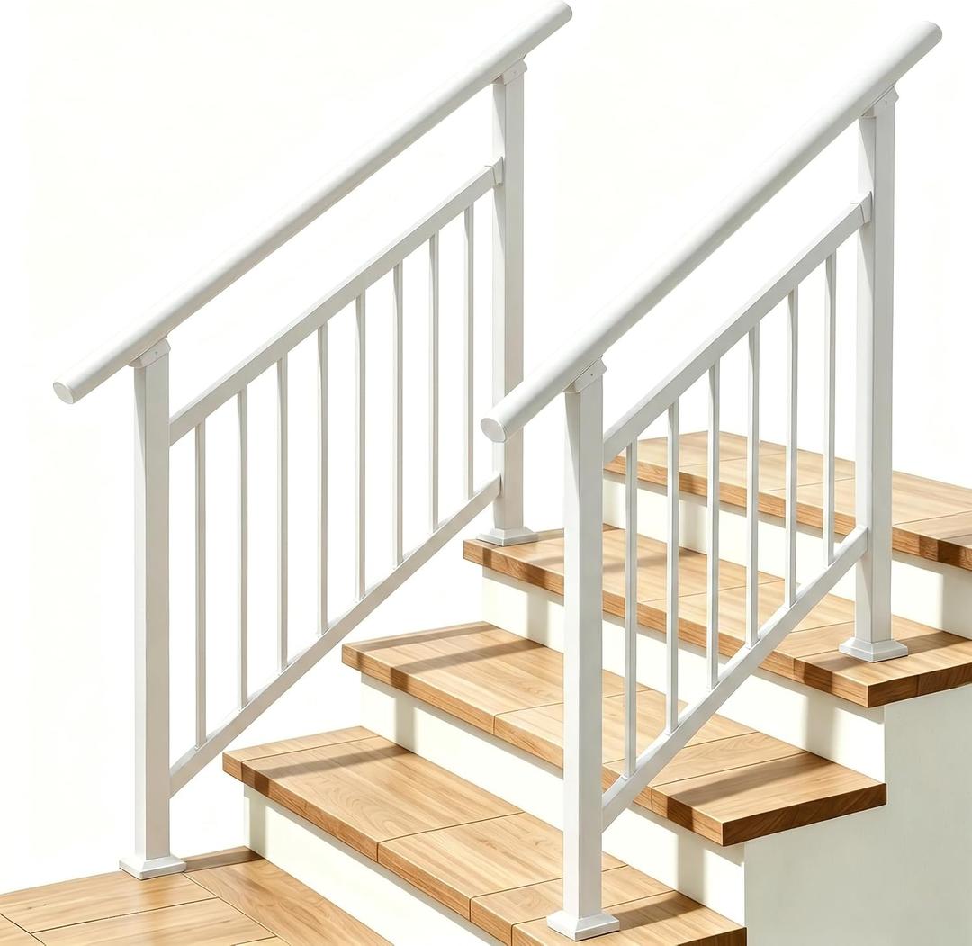 Hand Rails for Outdoor Steps，Stair Handrail & Indoor Stair Railing Kit，Railings for Outdoor Steps for Fence & Outdoor Steps (2, White-with Balusters, 3 Step)
