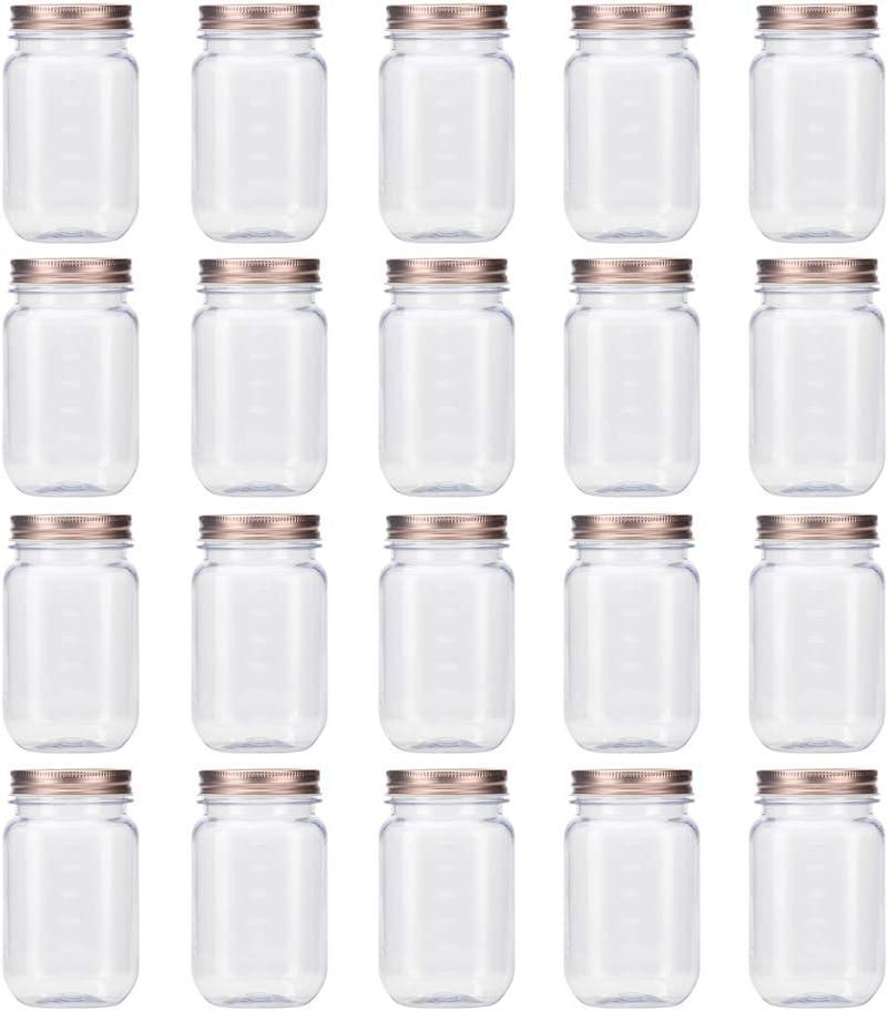 novelinks 16 Ounce Clear Plastic Jars with Rose Gold Lids - Refillable Round Clear Containers Jars Storage Containers for Kitchen & Household Storage - BPA Free (20 Pack)
