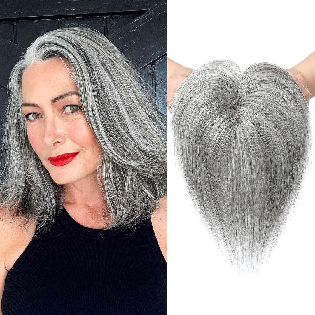 REECHO Real Human Hair Toppers with Bangs - 6 Inch Clip In Wig Toppers for Thin Hair - Grey