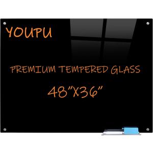 Magnetic Glass Write board 48"x36" Premium Tempered Dry Erase Boards Wall Mounted Frameless Whiteboard Bulletin Message Boards (Black)