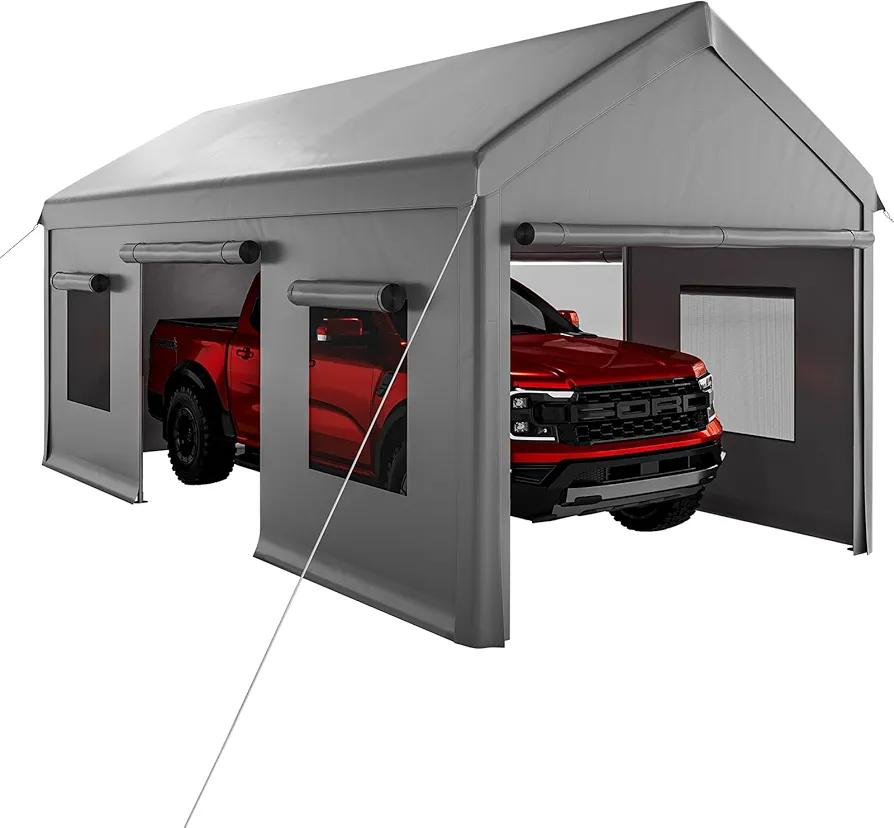 10 x 20FT Heavy Duty Carport with Roll-Up Windows, Portable Garage with Removable Sidewalls & Doors, Portable Car Tent Garage with Roll-Up Windows and All-Season Tarp, for Car, Truck,