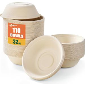 Dynta 110 Pack 32oz Paper Bowls, Large Compostable Disposable Bowls for Salads, Soups & Dog Feeding | Microwave & Freezer Safe(Natural Brown)