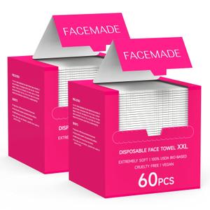 FACEMADE 120 Count XXL Disposable Face Towels 12"  12", 100% USDA Biobased Face Towelettes Disposable, Clean Facial Towels for Makeup and Clean Skin, Super Soft and Thick Dry Wipes Club
