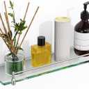 Glass Bathroom Shelves,Brushed Nickel Floating Shelves for Wall Rectangular Modern Stainless Steel Glass Shelf for Bathroom Shelves Wall Mounted 16 Inch (16"with Railing)