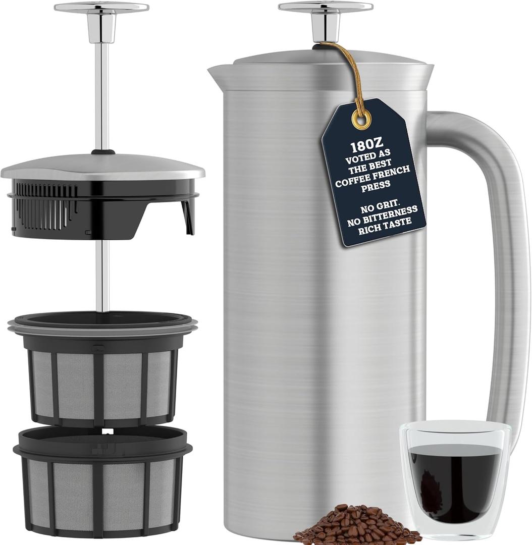 ESPRO P7 Brushed Stainless Steel French Press 304  Patented Double Walled Micro-Filter Insulated French Press Coffee Maker, Grit-Free Brew - Heat Resistant BPA Free (18oz)