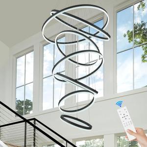 7 Rings Modern LED Chandelier Black Dimmable Large Foyer Chandeliers Entryway High Ceiling for Staircase, High Ceiling Pendant Lights for Entryway Living Room, 3000K-6500K CCT