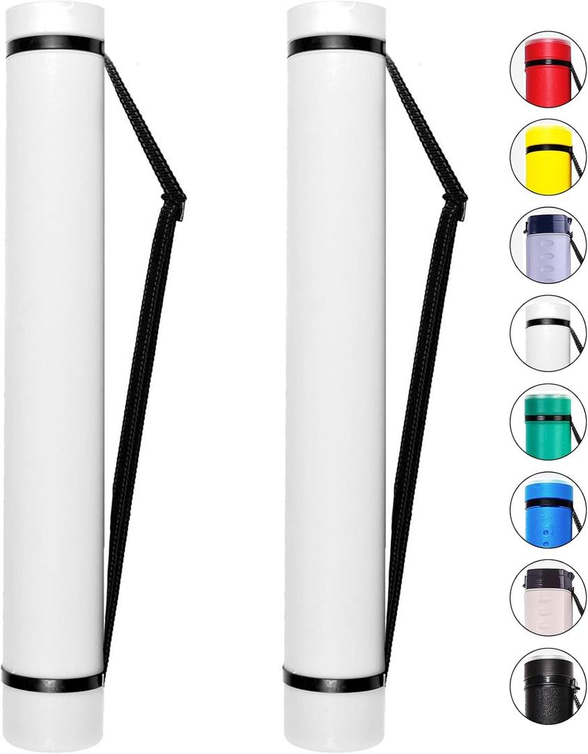 CALPALMY 2-Pack Expandable Poster Tube with Strap - White Storage Tubes 24.75" to 40" with Caps and Labels - Use for Blueprint Document Poster Carrying Case and Holder, large