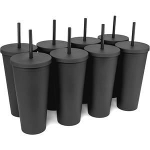 STRATA CUPS Classic Black Tumblers with Lids (8 pack) - 22oz Colored Acrylic Cups with Lids and Straws, Double Wall Matte Plastic Bulk Tumblers With FREE Straw Cleaner! Customizable DIY Gifts (22oz (Pack of 8))