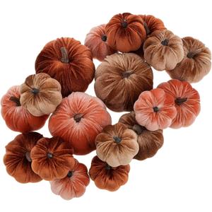 Woration 18pcs Fake Artificial Velvet Pumpkin Fall Decoration 3 Size Faux Foam Fabric Pumpkins Halloween Decor for Home Farmhouse Harvest Thanksgiving - Brown Series (Watermelon Red & Maroon Color & Coffee Color)