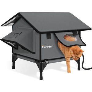 Heated Cat House for Outside,Extremely Weatherproof&Insulated in Winter,Elevated Outdoor Cat Shelter with Waterproof Eaves&Escape Door for Feral Stray Barn Cats(Dark Grey,S)
