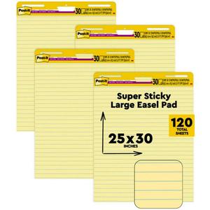 Post-it Super Sticky Easel Pad, 25 x 30 Inches, 30 Sheets/Pad, 4 Pads (561VAD4PK), Yellow Lined Premium Self Stick Flip Chart Paper, Super Sticking Power (561 VAD 4PK)