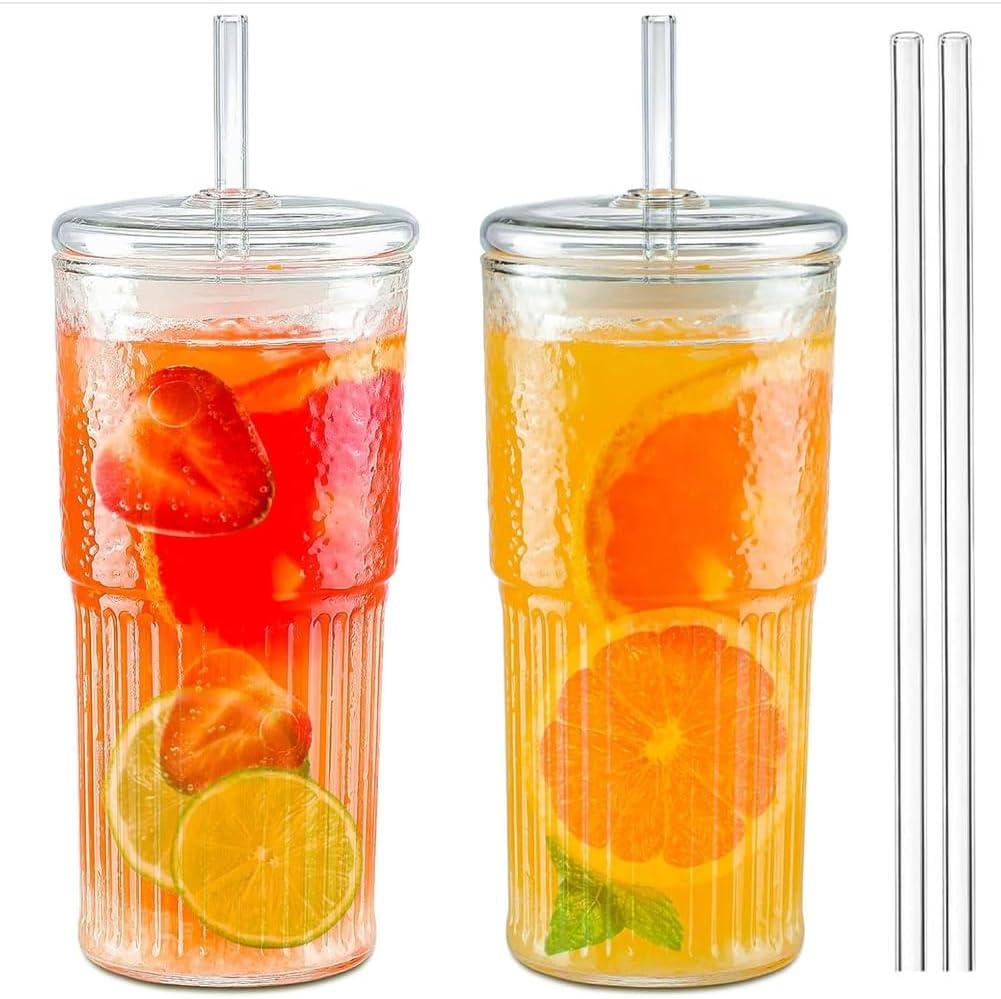 Glass Cups with Lids and Glass Straws, High Borosilicate 20OZ Tumblers (2Pcs) for Coffee, Tea, Juice, Smoothies, Hot/Cold Drinks at Home, Office (Clear 20oz)