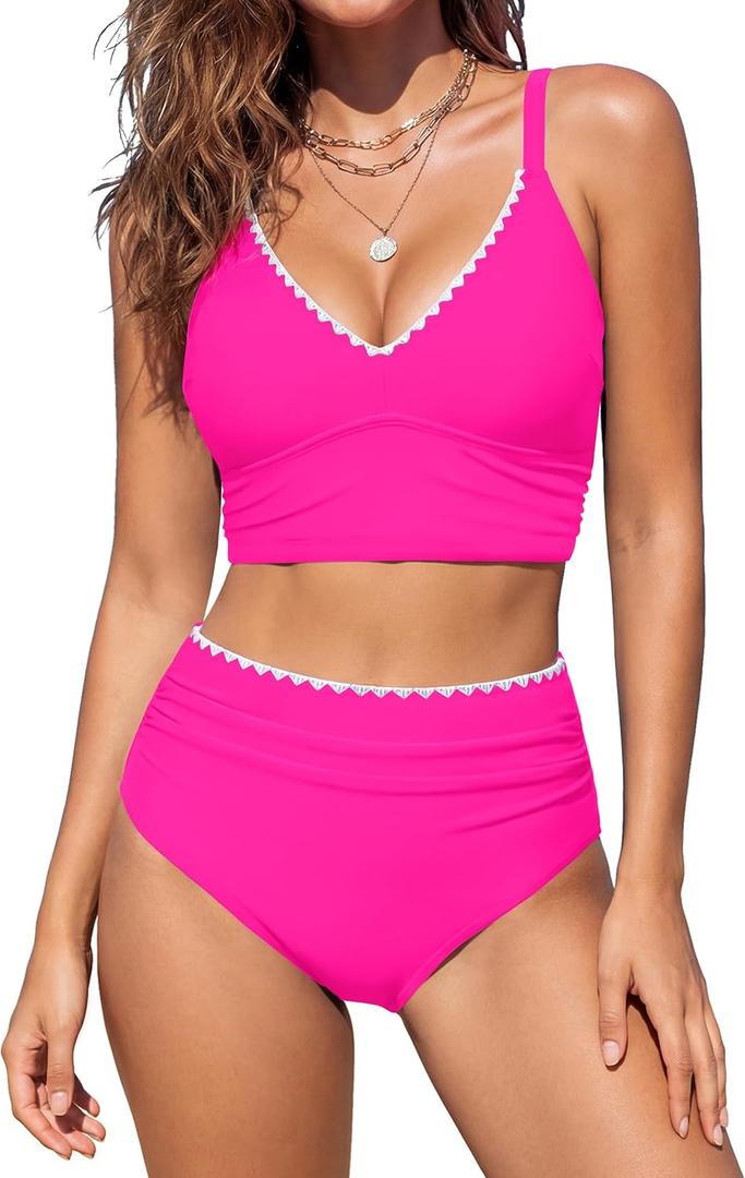BMJL Women's High Waisted Bikini Sets Tummy Control Swimsuits Two Piece Bathing Suit Cute Swim Suits 2026 (Large, Hot Pink)