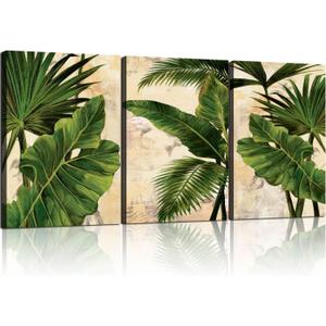 3pcs Framed Palm Leaves Banana Leaf Tropical Plants Wall Art Decor Canvas Print Nature Style Home Greenery Pictures Poster Gallery Bedroom Living Room Studio 12x16 Inch Ready to Hang