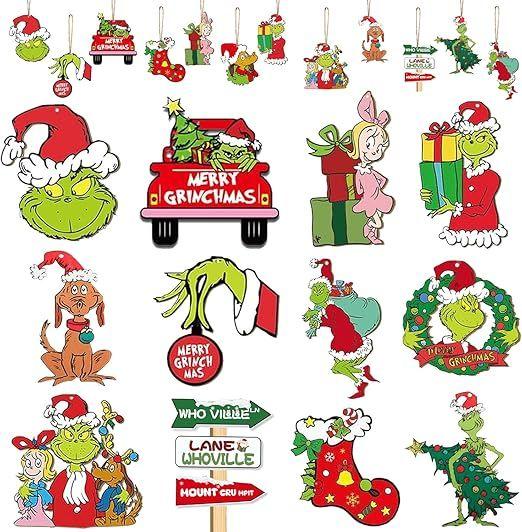 Griinch Ornaments for Christmas Tree Wood, Double-Sided Printing 24 Pcs Christmas Tree Decorations Hanging Ornaments for Tree Home Indoor Outdoor Decorations Pack Of 20