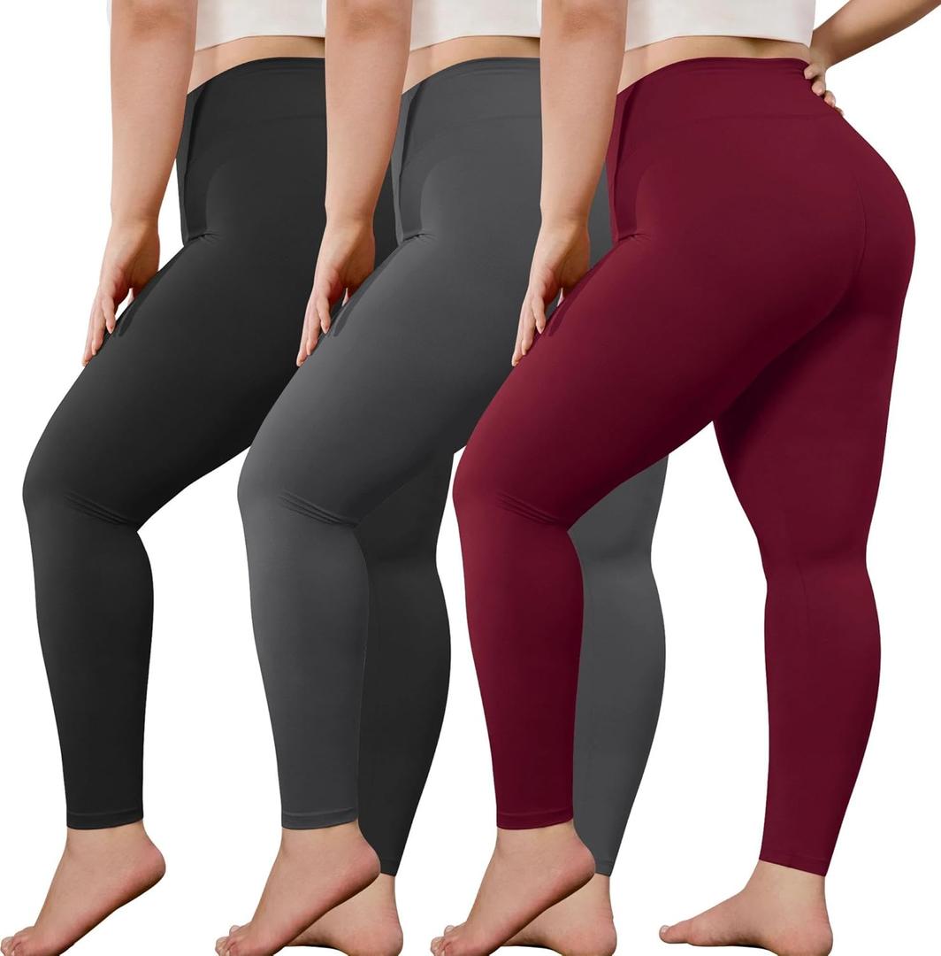 VALANDY Creamlush Plus Size Leggings for Women-3 Packs Stretchy Soft High Waisted Women's Leggings Lounge Yoga Pants (3pack - Black/Dark Grey/Wine Red)