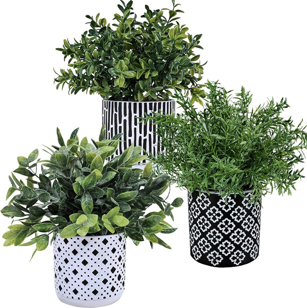 Winlyn 3-Pack Artificial Potted Plants - Faux Eucalyptus, Rosemary, Boxwood Greenery in Small Black & White Geometric Concrete Pots -Desk, Table, Shelf, Windowsill Decor for Indoor Outdoor Home Office