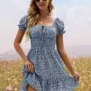Heysolo Womens Boho Floral Smocked Square Neck Short Sleeve Ruffle Beach Summer Mini Dress (Blue)