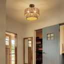 Boho Light Fixtures Ceiling Mount, 3-Light Rattan Chandelier Woven Double Layer, Semi Flush Mount Ceiling Light for Hallway Bedroom Farmhouse Kitchen Entryway Living Room