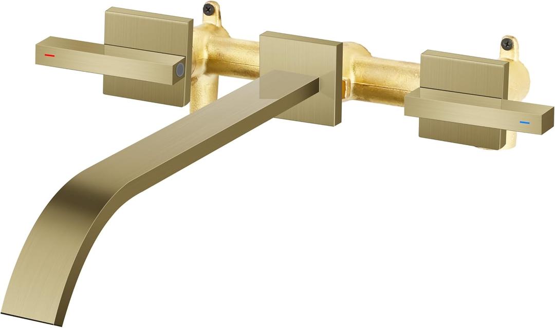 Wall Mount Tub Filler AUU Brushed Gold Bathtub Faucet Long Spout Reach, 2 Level Handles Wall Mount Tub Faucet with Brass Rough in Valve Included