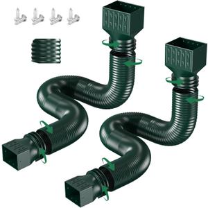2 Pack Rain Gutter Downspout Extensions, Upgraded Flexible Drain Down Spout Extender for Rain Water Drainage, Each Extendable from 20" to 66", Combine to 10 ft with Connector(Green)