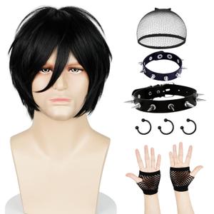 Wiggy Mermaid Emo Wig Costume Set for Men Black Scene Wigs and Emo Accessories Chocker Bracelets Gloves Nose Rings + Cap for 2000s Themed Party Halloween Cosplay