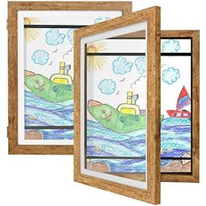 Kids Art Frames 9x12 Set of 2 - Front Opening Childrens Picture Frame Changeable, Wood Artwork Display Storage for Wall Mount, Magnetic Door Holds 50 Art Pieces for Drawings, 3D Picture, Crafts, Portfolio, Brown
