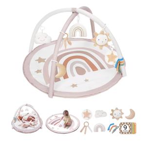 Baby Play Gym Mat, Tummy Time Activity Mat with 7 Detachable Toys and 12 Milestone Cards for Stage-Based Sensory and Motor Skill Development, Washable Play Mats for Infant, Newborn Baby Essentials (Rainbow)