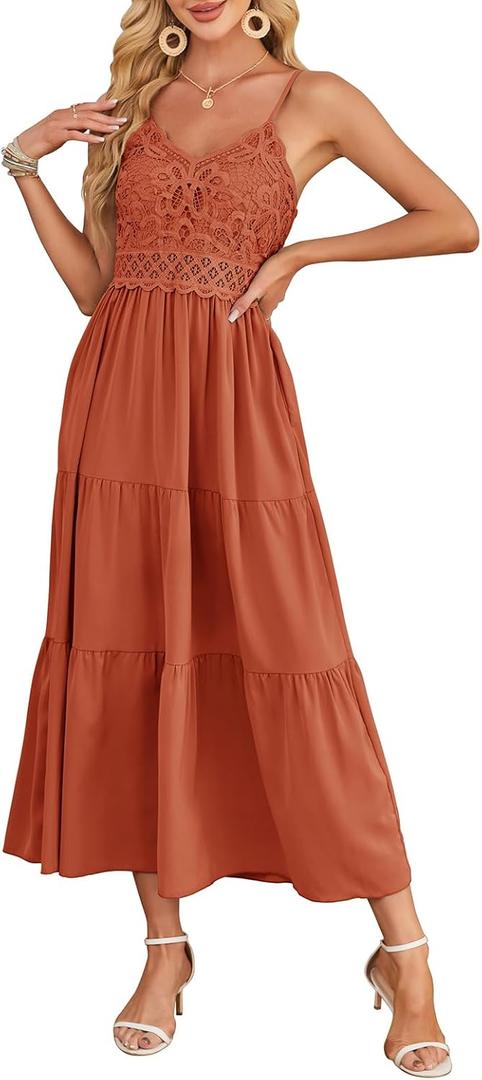 Dokuritu Women's Beach Crochet Lace Maxi Dress Solid Color Summer Vacation Spaghetti Strap Long Dress 2024 (Medium, Brickred)