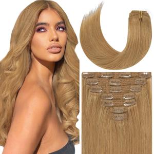 Loxxy 140g 22 Inch Clip in Hair Extensions Human Hair Strawberry Blonde #27 Full Head Seamless Silky Straight Natural Hair Extensions Clip in Double Weft Brazilian Human Hair 7pcs 16 Clips