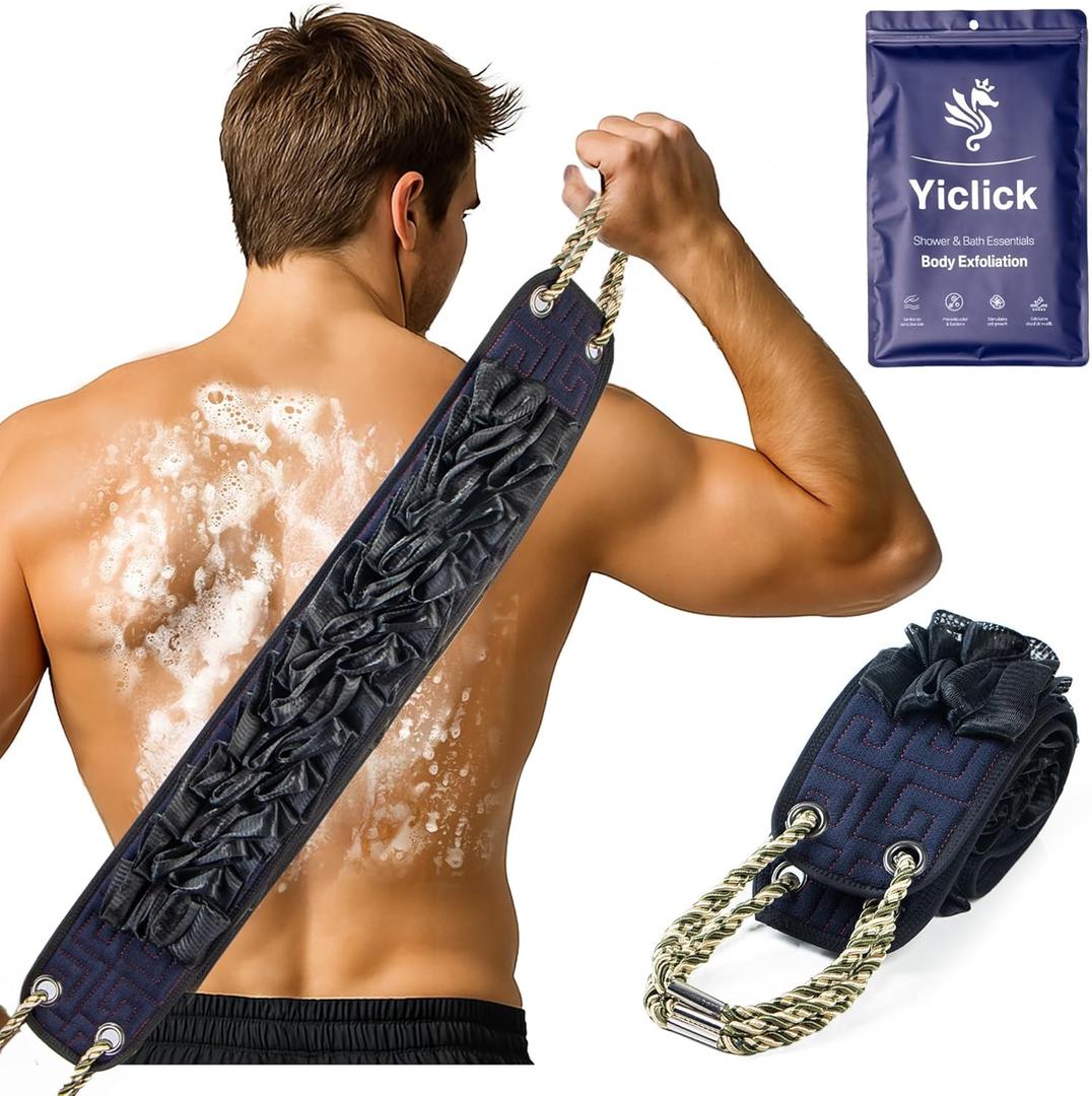 Yiclick Back Scrubber for Shower, Exfoliating Washcloth Towel with Handle, Body Scrubber Exfoliator, Bath Sponge Loofah Luffa, Back Washer Wash Cloth for Men Women, Korean Exfoliate Body Scrub (Blue)