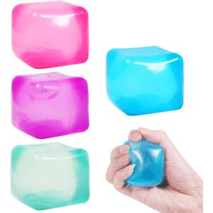4pack Stress Cube Squishy Stress Balls for Adults Kids Fidget Toy for Your Best Mellow and Chill -Ice Cubes-Square Shape with Filling in Pink Blue Purple Green -Age 3 to Adult(4pcs Cube)