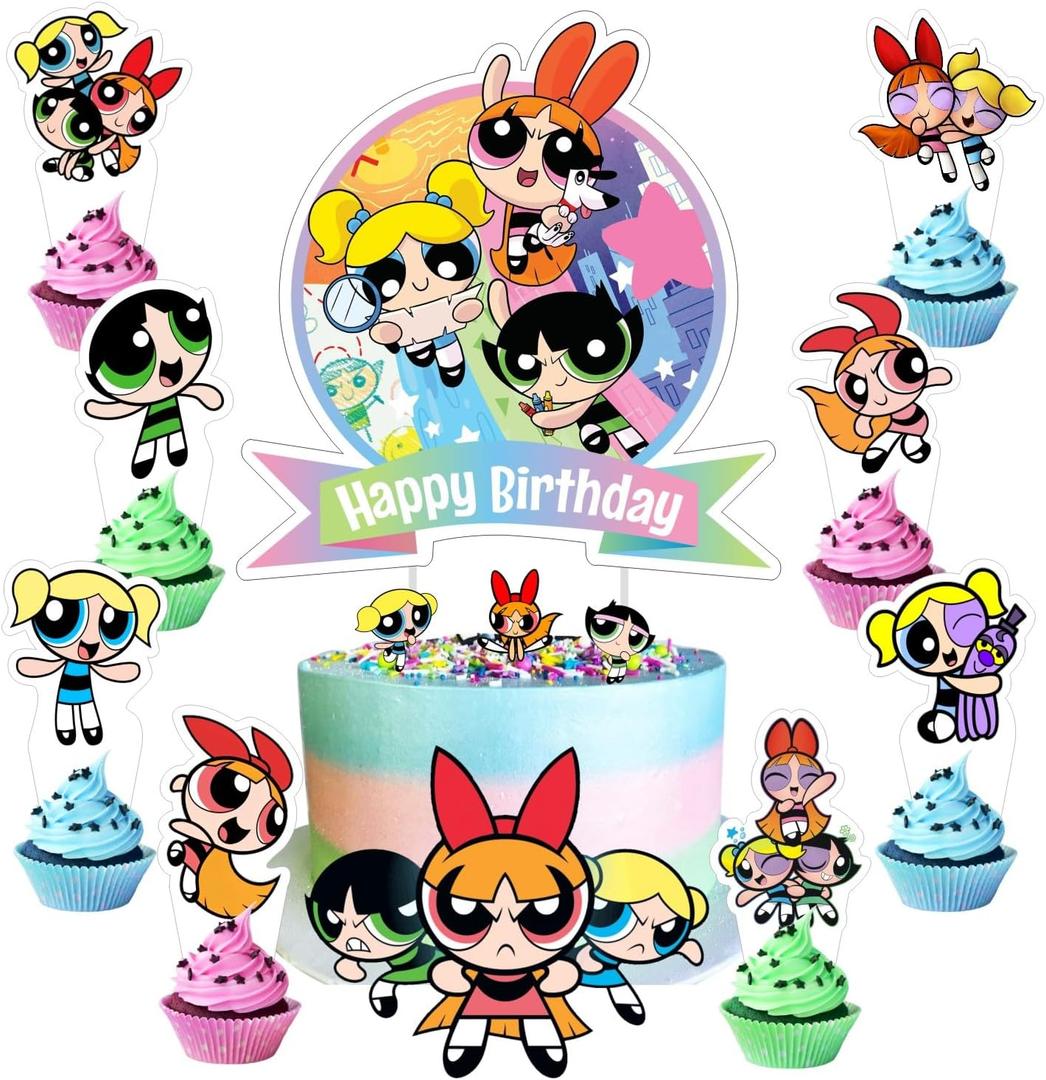 25Pcs Power Girls Cake Decorations with 24pcs Cupcake Toppers, 1pcs Cake Topper for Girls Birthday Party Supplies