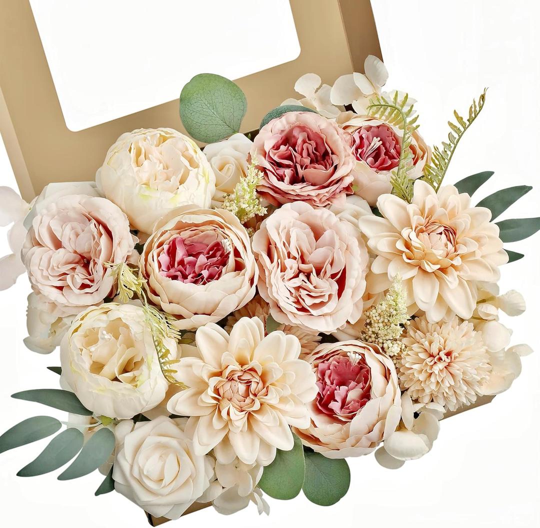 MISSPIN Artificial Flowers DIY Box Set Fake Roses Bouquet Bridal Wedding Flowers Colorful Centerpiece Table Decorations Boho Faux Floral with Stems Arrangements for Cake Home Party Indoor Outdoor (Champagne)